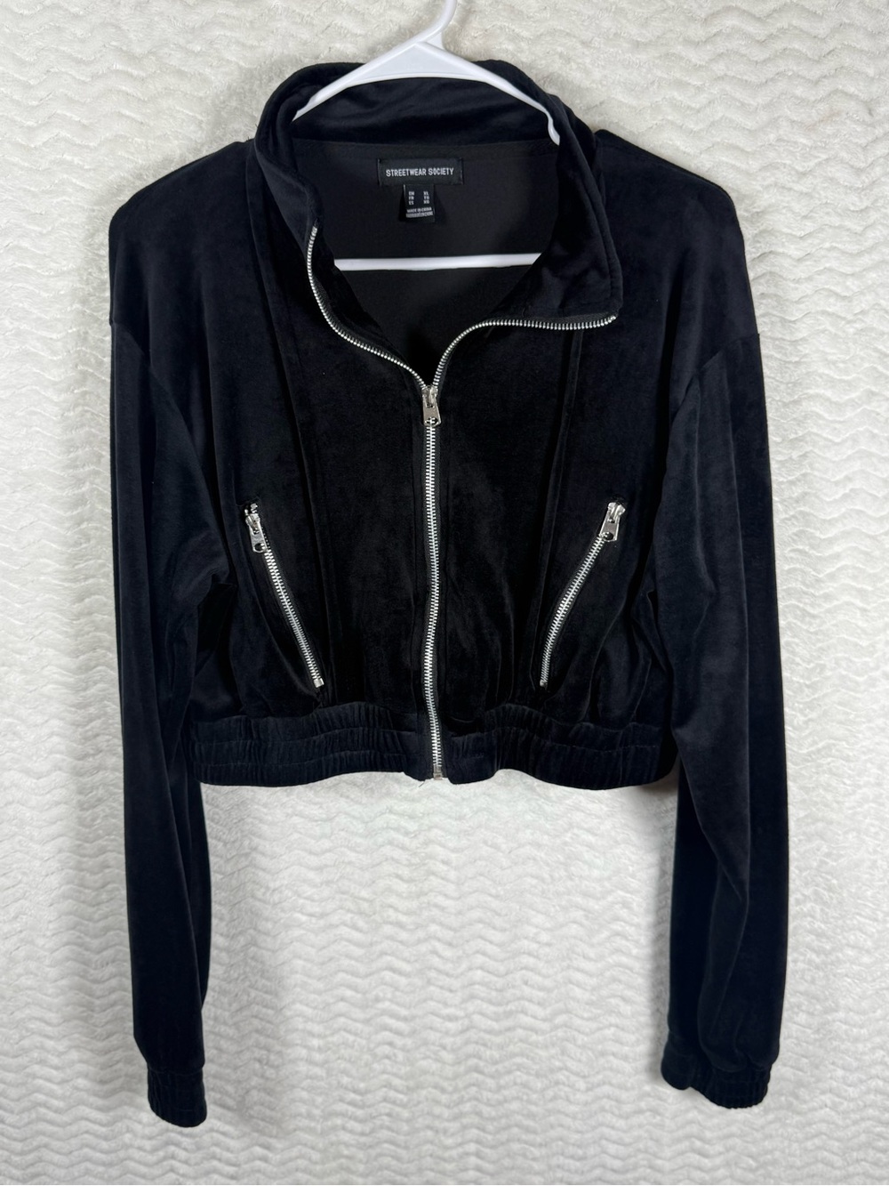 Streetwear Society Black Velour Cropped Zip Bomber